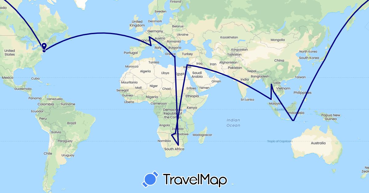 TravelMap itinerary: driving in Botswana, France, Greece, Croatia, Indonesia, Israel, Japan, Thailand, United States, South Africa, Zimbabwe (Africa, Asia, Europe, North America)